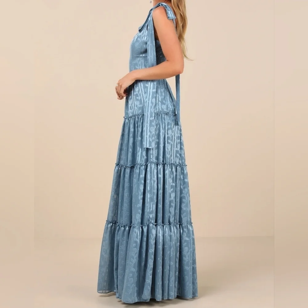 Lulus Picturesque Allure Slate Blue Sleeveless Jacquard Tie-Strap Maxi Dress - Picture 3 of 11